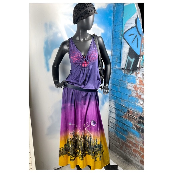 Hand-dyed, hand-painted, one of a kind wearable art upcycled cityscape dress